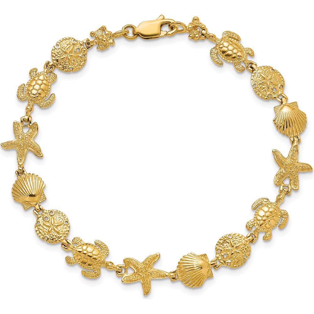 14K Yellow Gold Turtle, Sand Dollar, Starfish & Shell Link 7" Bracelet by Oro Pregiato