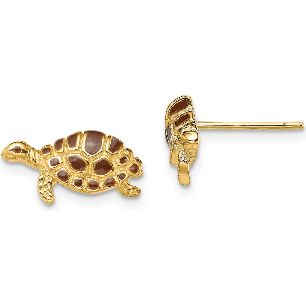 14K Yellow Gold Turtle Stud Earrings with Brown Enamel Detail by 0