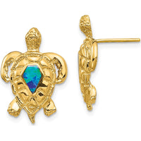 14K Yellow Gold Turtle Stud Earrings with Created Opal Centers - Ocean-Inspired Design by 0