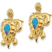 14K Yellow Gold Turtle Stud Earrings with Created Opal Centers - Ocean-Inspired Design by 0
