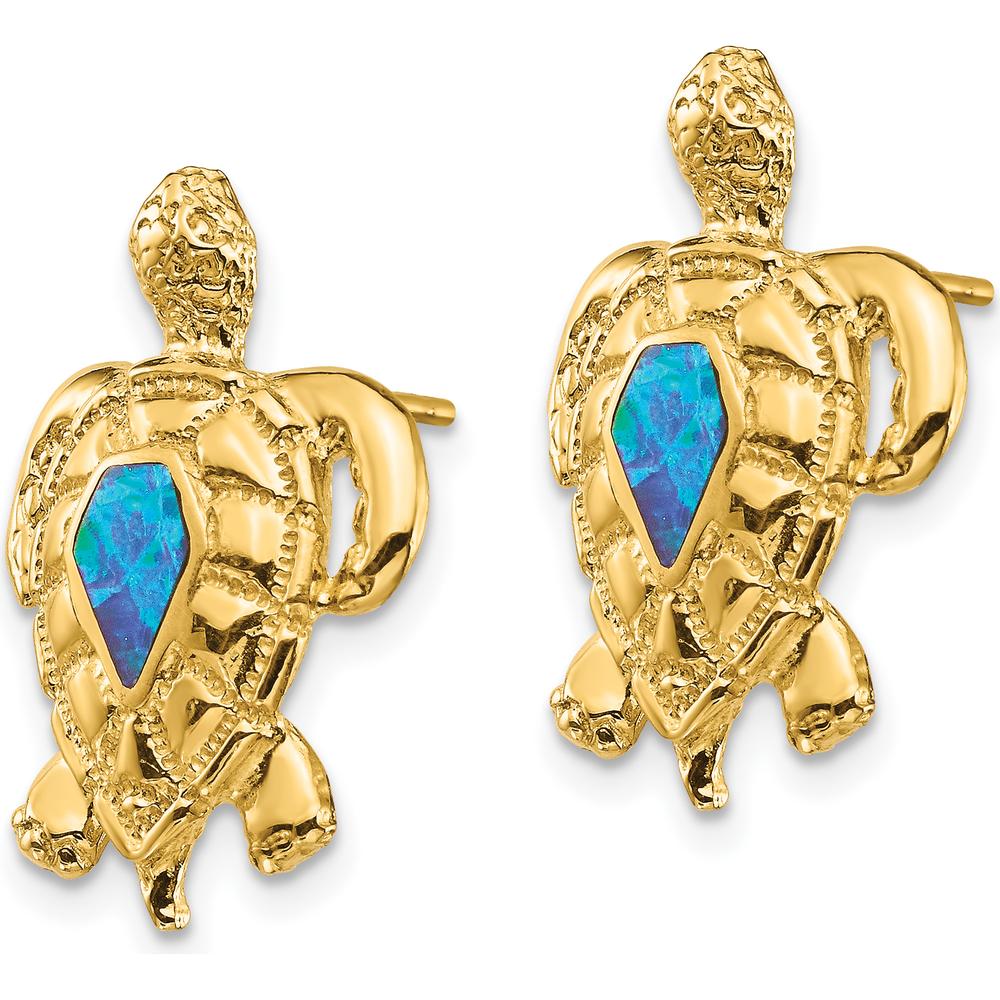 14K Yellow Gold Turtle Stud Earrings with Created Opal Centers - Ocean-Inspired Design by 0