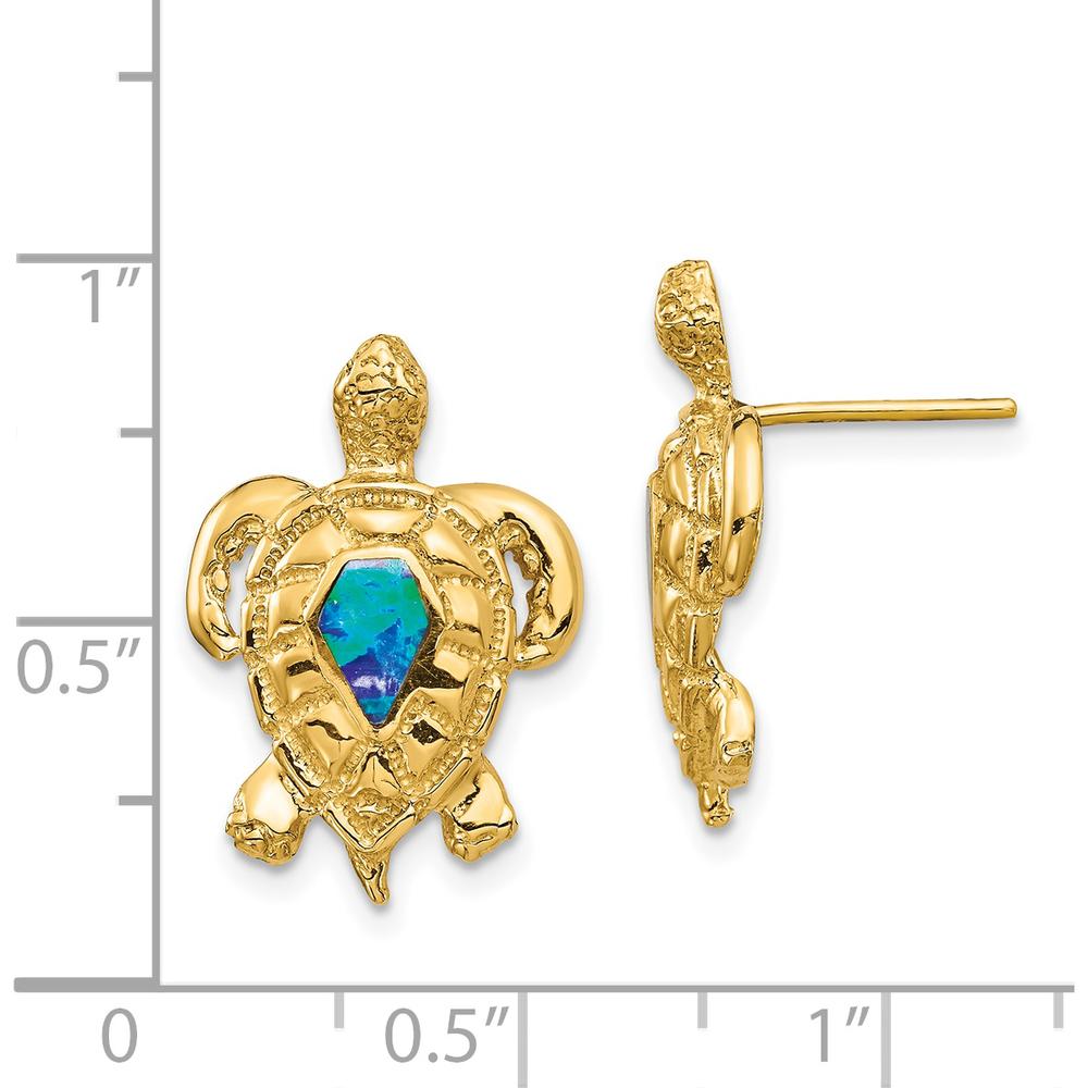 14K Yellow Gold Turtle Stud Earrings with Created Opal Centers - Ocean-Inspired Design by 0