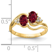 14K Yellow Gold Twin 6x4mm Oval Lab-Created Ruby and Diamond Accent Ring - 0.60 Carat Total Ruby Weight, 0.008 Carat Total Diamond Weight by Monteluci Fine Jewelry