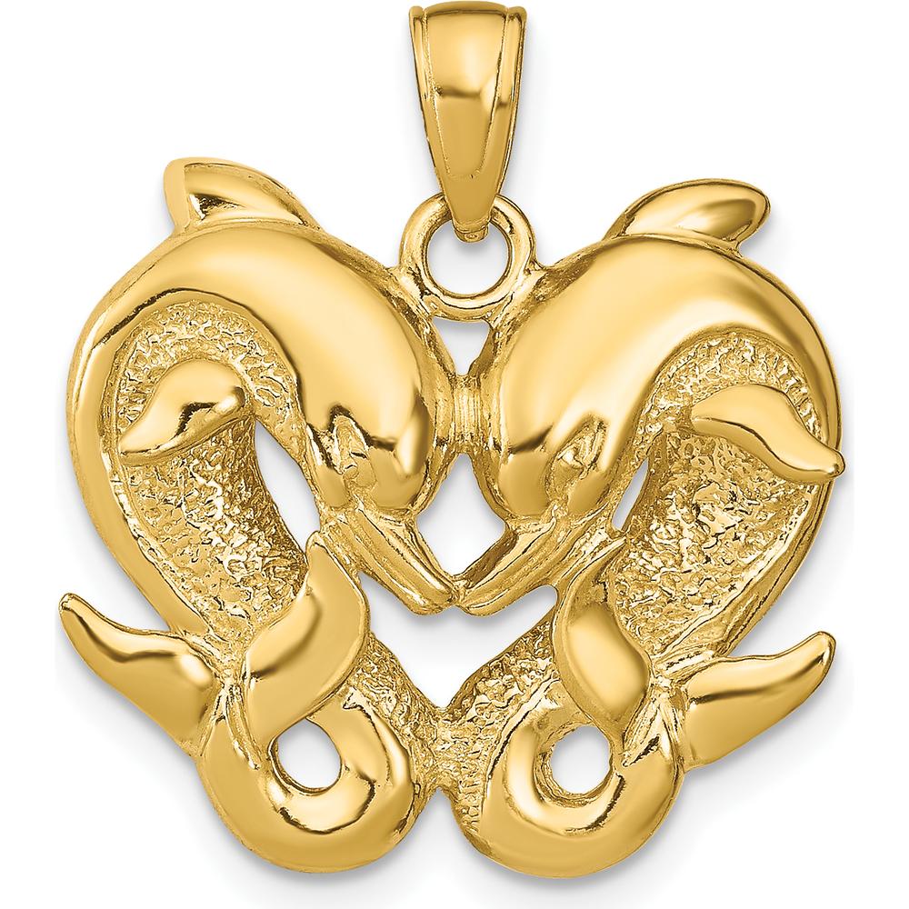 14K Yellow Gold Twin Dolphins Heart Pendant by Oro Pregiato