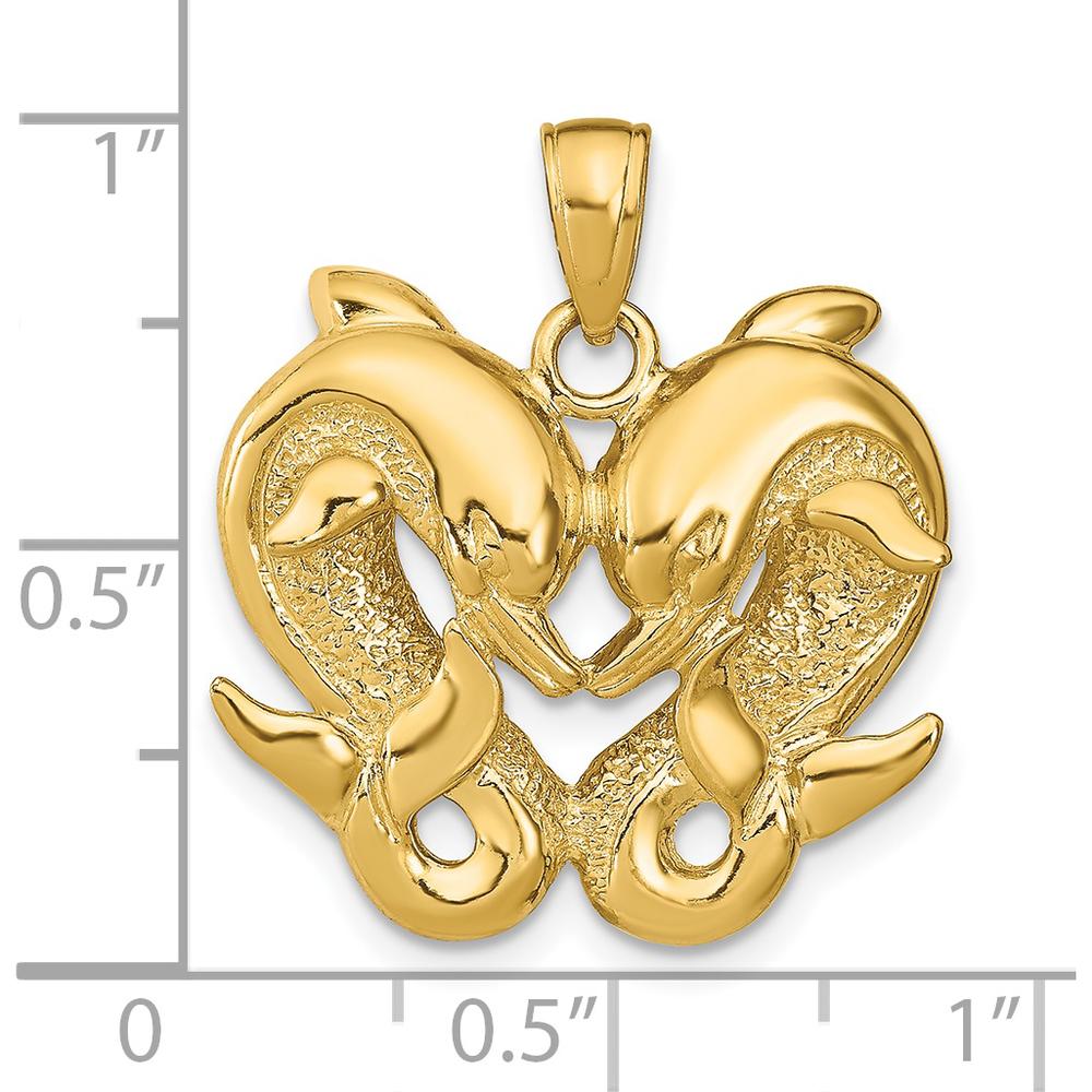14K Yellow Gold Twin Dolphins Heart Pendant by Oro Pregiato