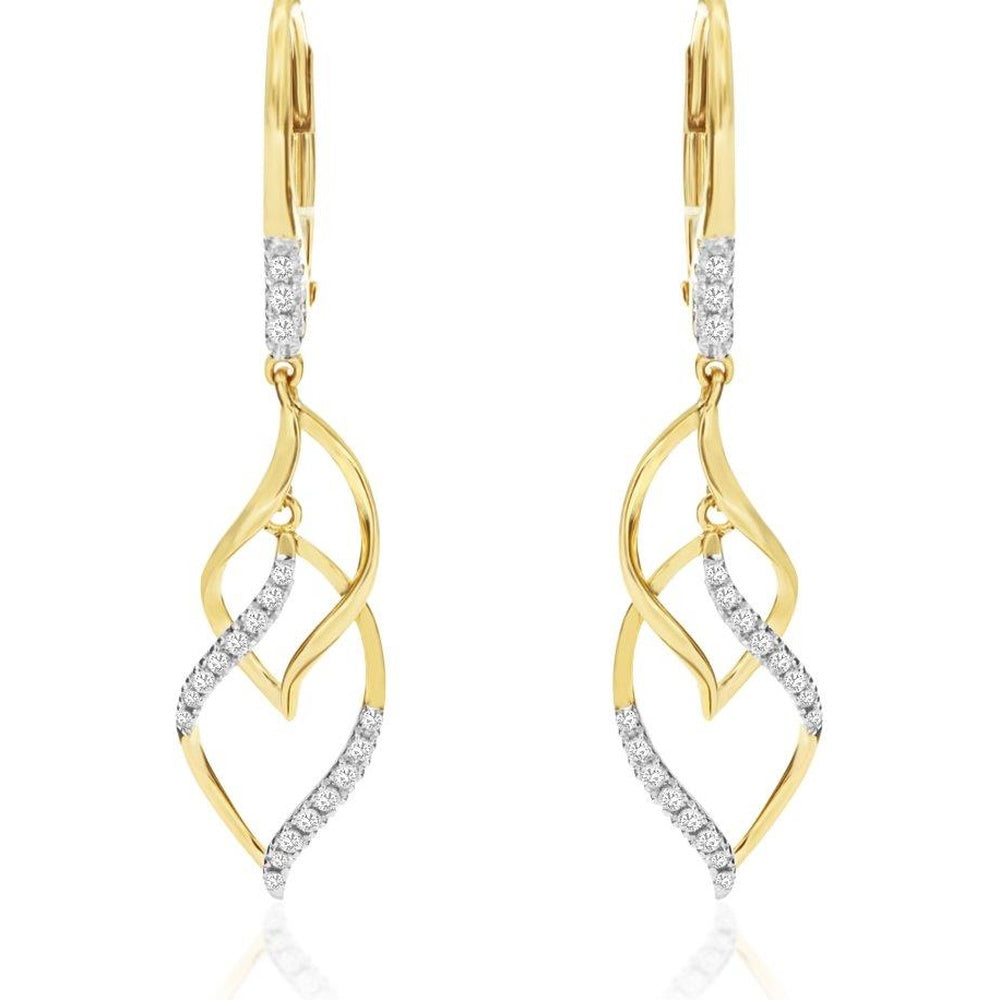 14K Yellow Gold Twist Drop Earrings with Prong-Set Round Diamonds - 0.25 Carat Total Diamond Weight - Royal Jewelry