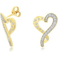 14K Yellow Gold Twist Heart Stud Earrings with Pavé and Bezel-Set Round Diamonds - 0.40 Carat Total Diamond Weight - Royal Jewelry
