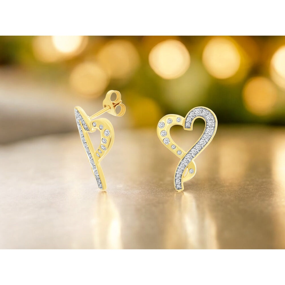14K Yellow Gold Twist Heart Stud Earrings with Pavé and Bezel-Set Round Diamonds - 0.40 Carat Total Diamond Weight - Royal Jewelry