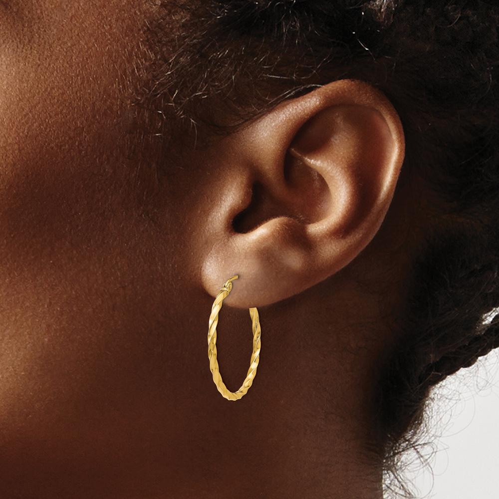 14K Yellow Gold Twist Polished Hoop Earrings - 25.5mm Length by 0