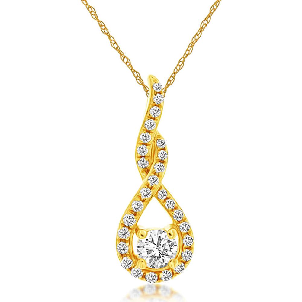 14K Yellow Gold Twist Ribbon Pendant with Round Brilliant Cut Diamonds - 0.19 Carat Total Diamond Weight - Royal Jewelry