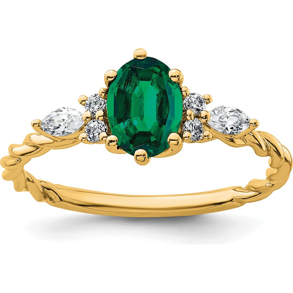 14K Yellow Gold Twisted Band Ring with Lab Created Oval Emerald and Diamond Accents - 0.58 Carat Total Diamond Weight by 0