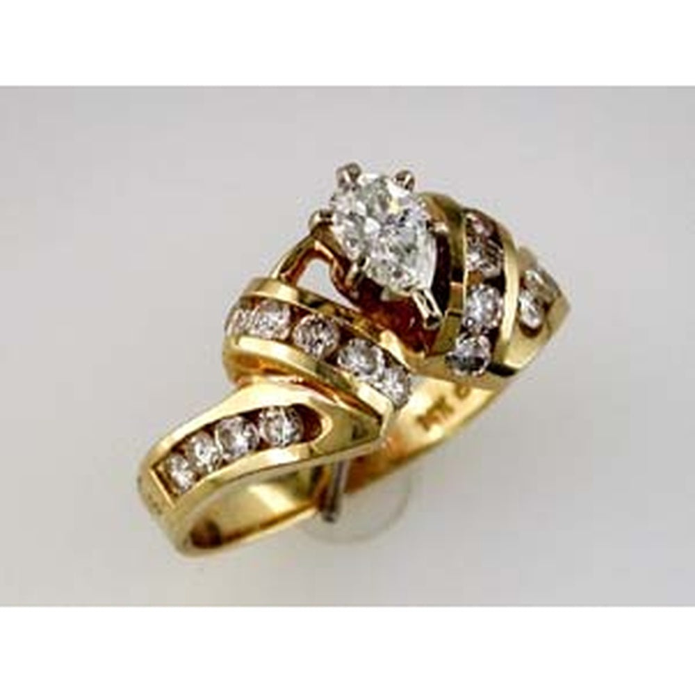 14K Yellow Gold Twisted Bypass Engagement Ring with Pear Shaped Diamond Center and Round Diamond Accents - 1.10 Carat Total Diamond Weight - Royal Jewelry