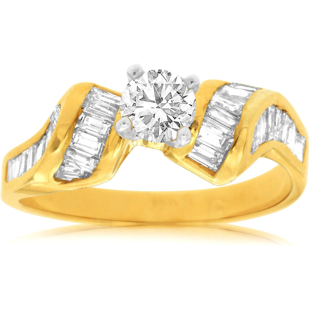 14K Yellow Gold Twisted Bypass Engagement Ring with Round Center Diamond and Channel-Set Baguette Accents - 1.28 Carat Total Diamond Weight - Royal Jewelry