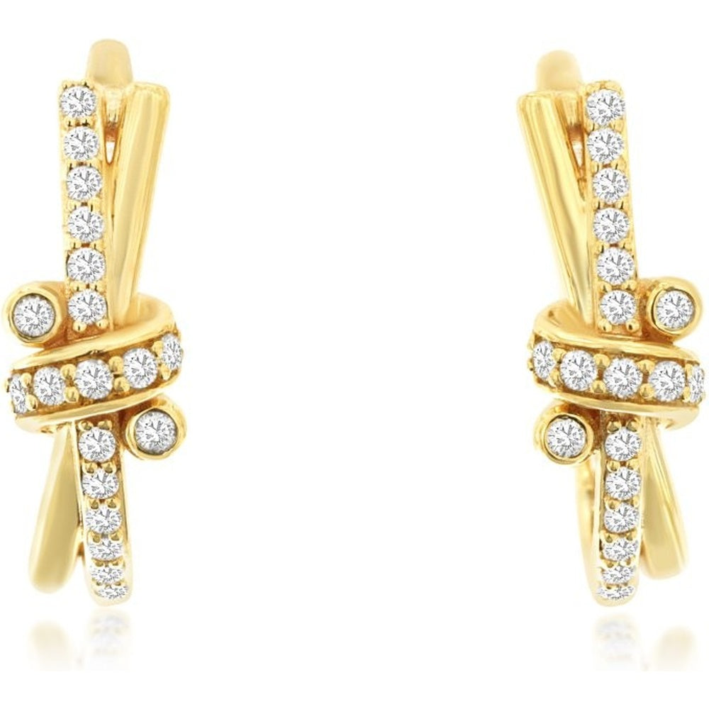 14K Yellow Gold Twisted Crisscross Hoop Earrings with Prong-Set Round Brilliant Diamonds - 0.33 Carat Total Diamond Weight - Royal Jewelry
