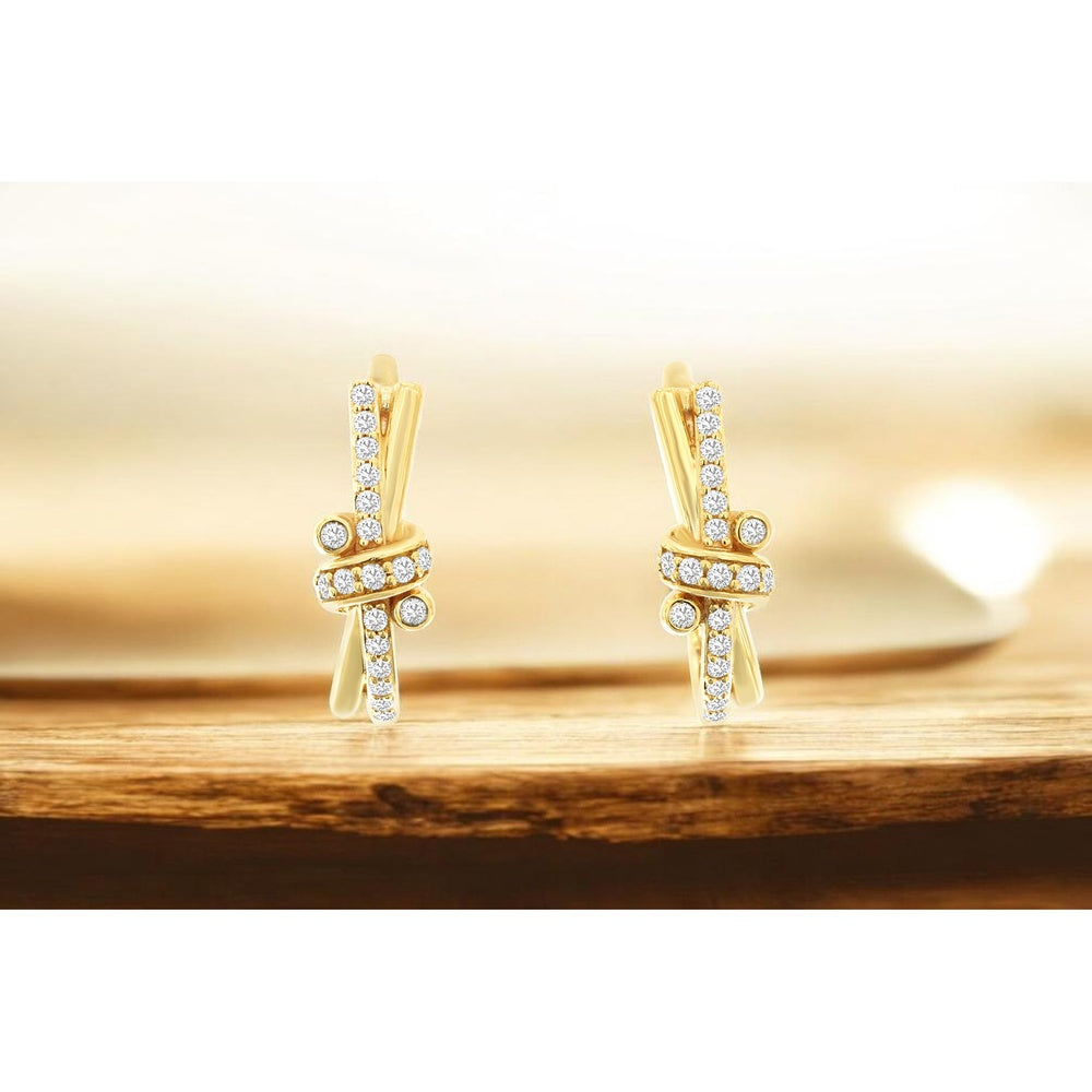 14K Yellow Gold Twisted Crisscross Hoop Earrings with Prong-Set Round Brilliant Diamonds - 0.33 Carat Total Diamond Weight - Royal Jewelry