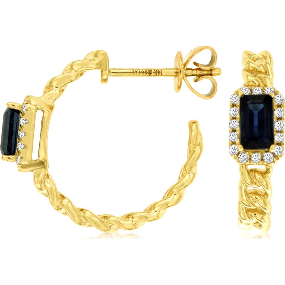 14K Yellow Gold Twisted Half-Hoop Earrings with Emerald Cut Sapphires and Diamond Halo - 0.74 Carat Total Sapphire Weight, 0.14 Carat Total Diamond Weight - Royal Jewelry