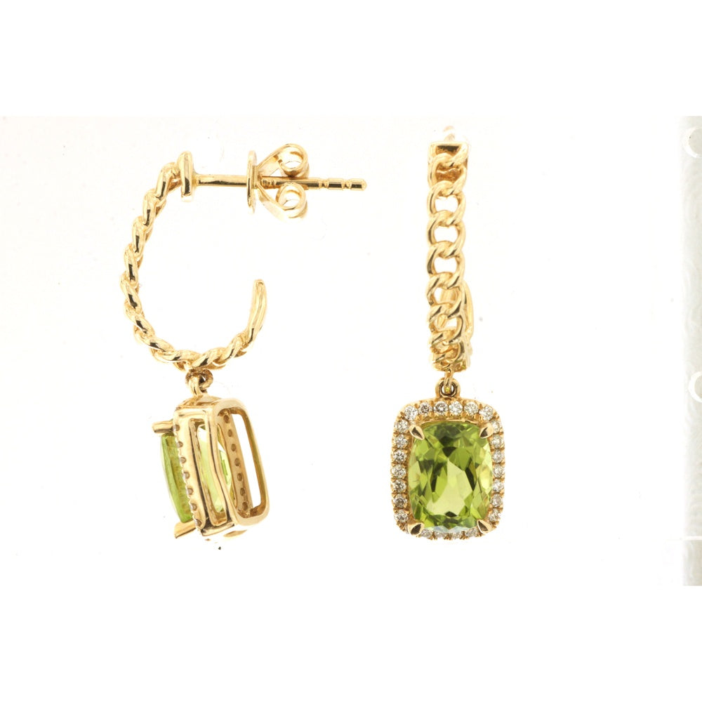 14K Yellow Gold Twisted Hoop Drop Earrings with Cushion-Cut Peridot and Diamond Halo - 2.15 Carat Total Peridot Weight and 0.16 Carat Total Diamond Weight - Royal Jewelry