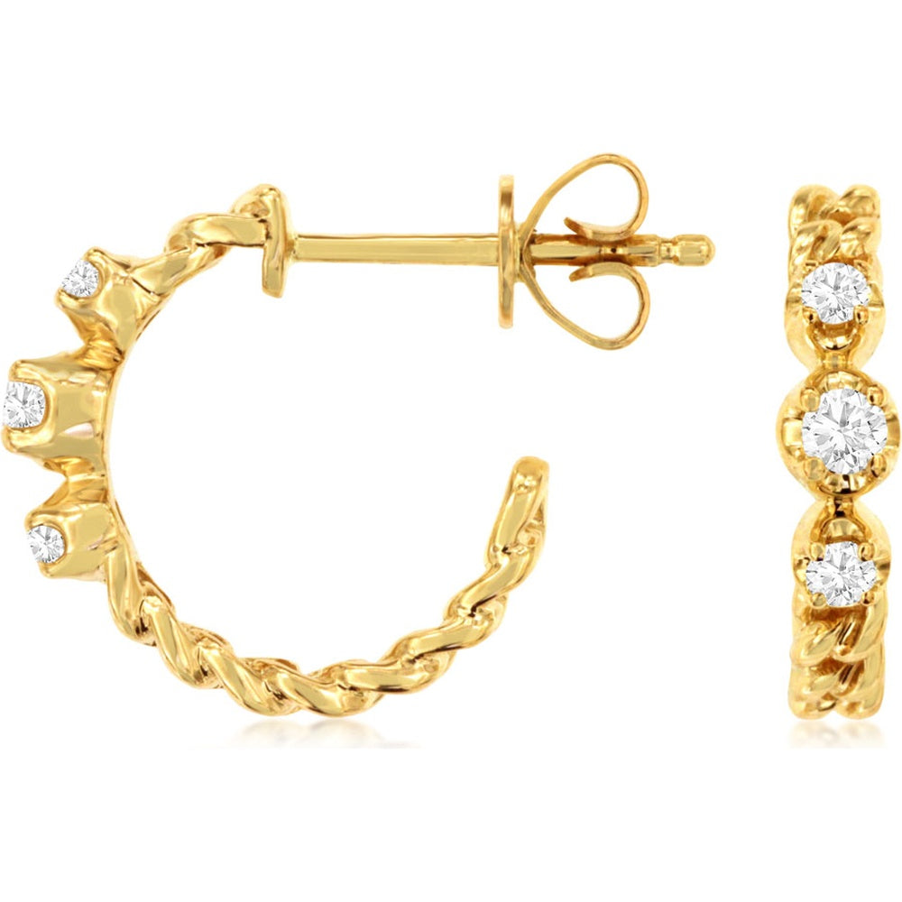 14K Yellow Gold Twisted Hoop Earrings with Bezel-Set Round Diamonds - 0.17 Carat Total Diamond Weight - Royal Jewelry