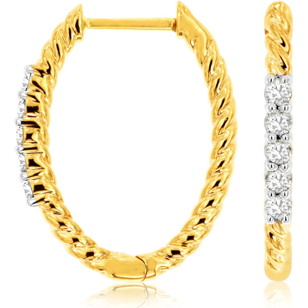 14K Yellow Gold Twisted Hoop Earrings with Prong-Set Round Diamonds - 0.20 Carat Total Diamond Weight - Royal Jewelry