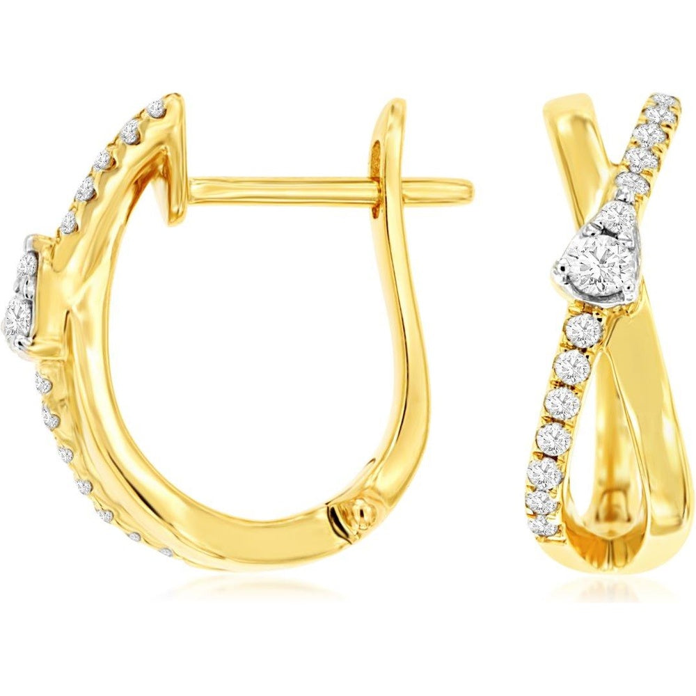 14K Yellow Gold Twisted Hoop Earrings with Prong-Set Round Diamonds - 0.21 Carat Total Diamond Weight - Royal Jewelry