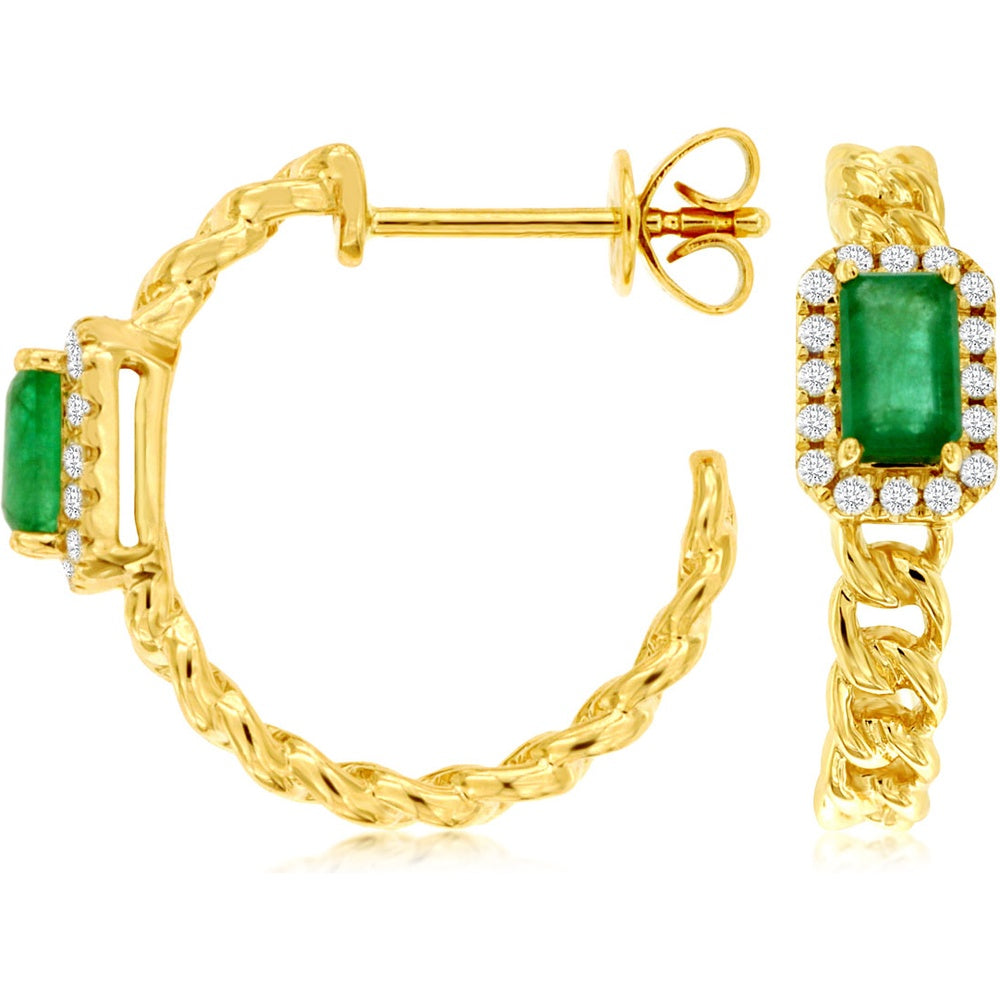 14K Yellow Gold Twisted Hoop Earrings with Rectangular Emerald and Diamond Halo - 0.26 Carat Total Emerald Weight and 0.14 Carat Total Diamond Weight - Royal Jewelry