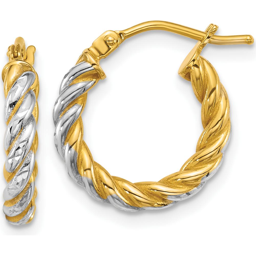 14K Yellow Gold Twisted Hoop Earrings with Rhodium Accents - 2.75mm Width by 0