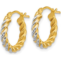14K Yellow Gold Twisted Hoop Earrings with Rhodium Accents - 2.75mm Width by 0