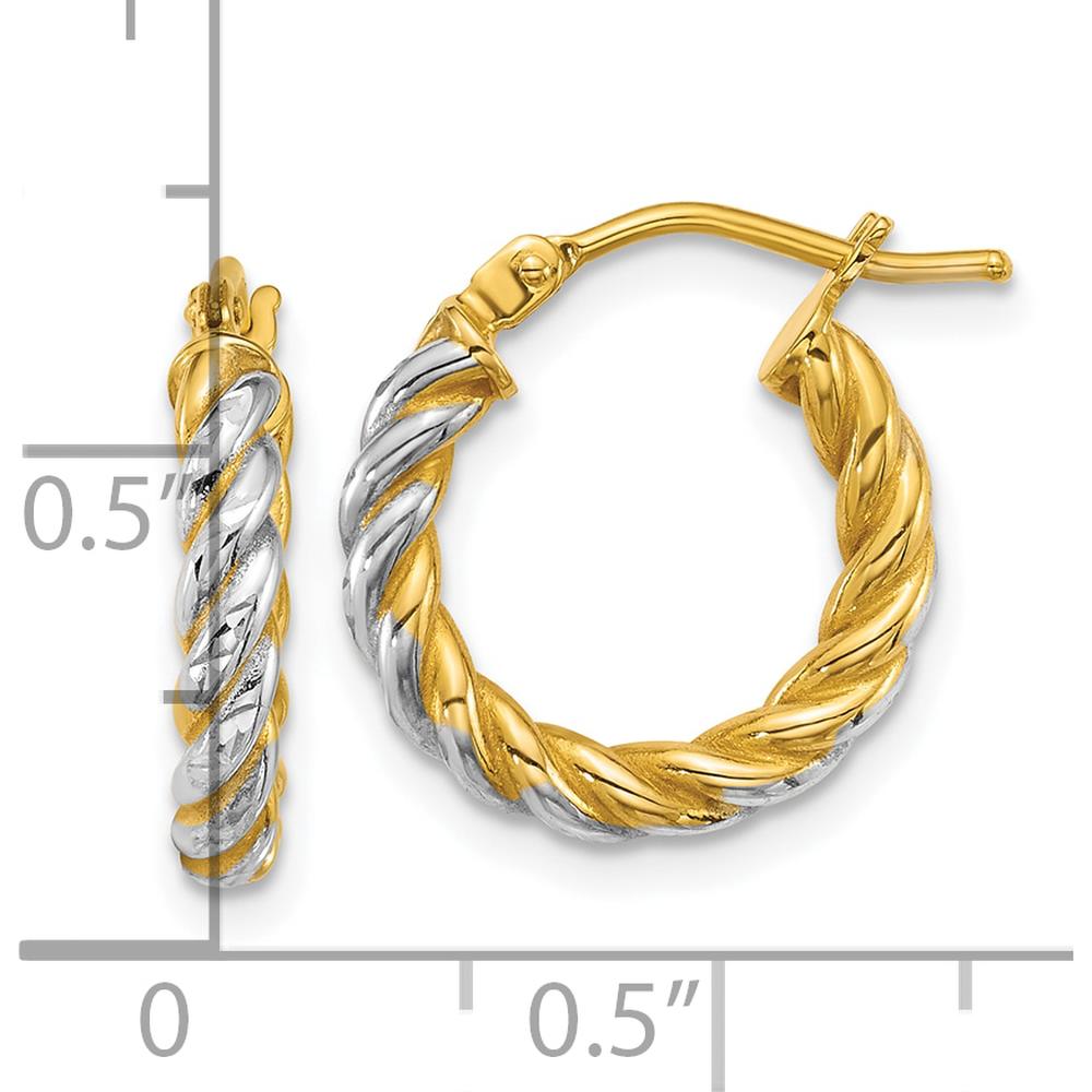 14K Yellow Gold Twisted Hoop Earrings with Rhodium Accents - 2.75mm Width by 0