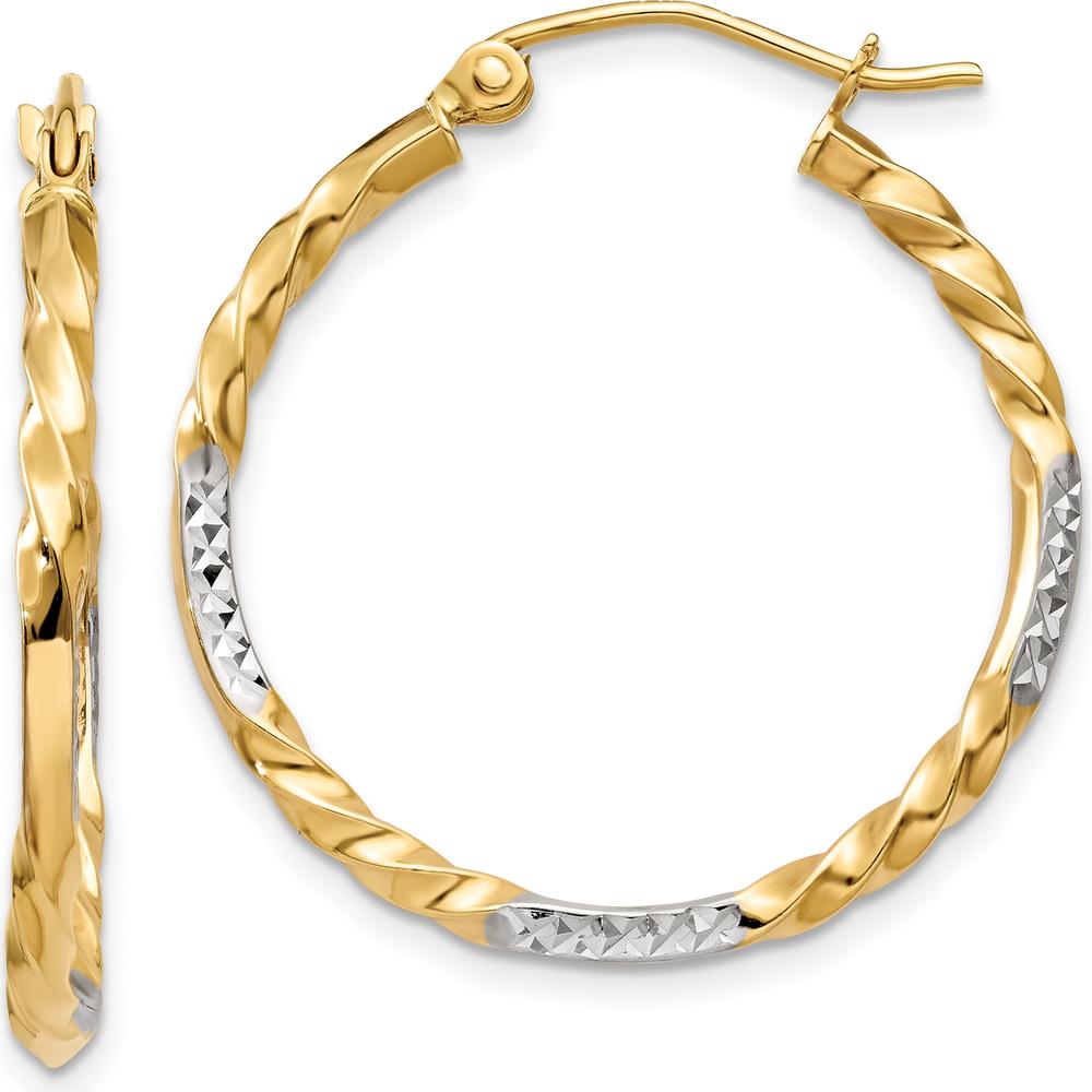 14K Yellow Gold Twisted Hoop Earrings with Rhodium Diamond-Cut Finish - 27mm Length by 0