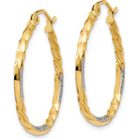 14K Yellow Gold Twisted Hoop Earrings with Rhodium Diamond-Cut Finish - 27mm Length by 0