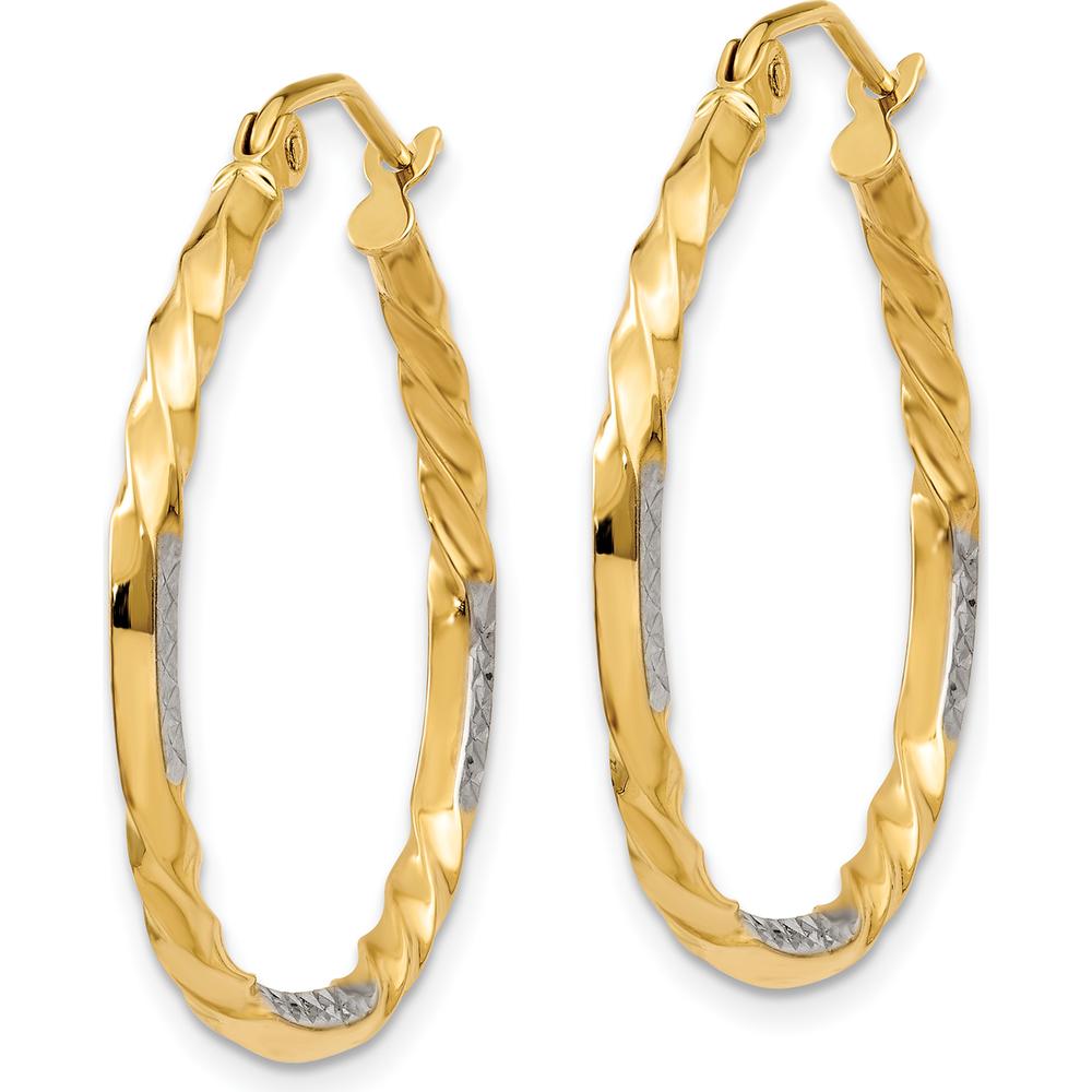 14K Yellow Gold Twisted Hoop Earrings with Rhodium Diamond-Cut Finish - 27mm Length by 0