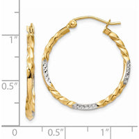 14K Yellow Gold Twisted Hoop Earrings with Rhodium Diamond-Cut Finish - 27mm Length by 0