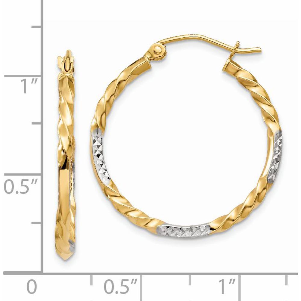 14K Yellow Gold Twisted Hoop Earrings with Rhodium Diamond-Cut Finish - 27mm Length by 0