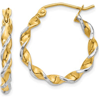 14K Yellow Gold Twisted Hoop Earrings with Rhodium Plating - 16mm Length, 2.75mm Thickness by 0