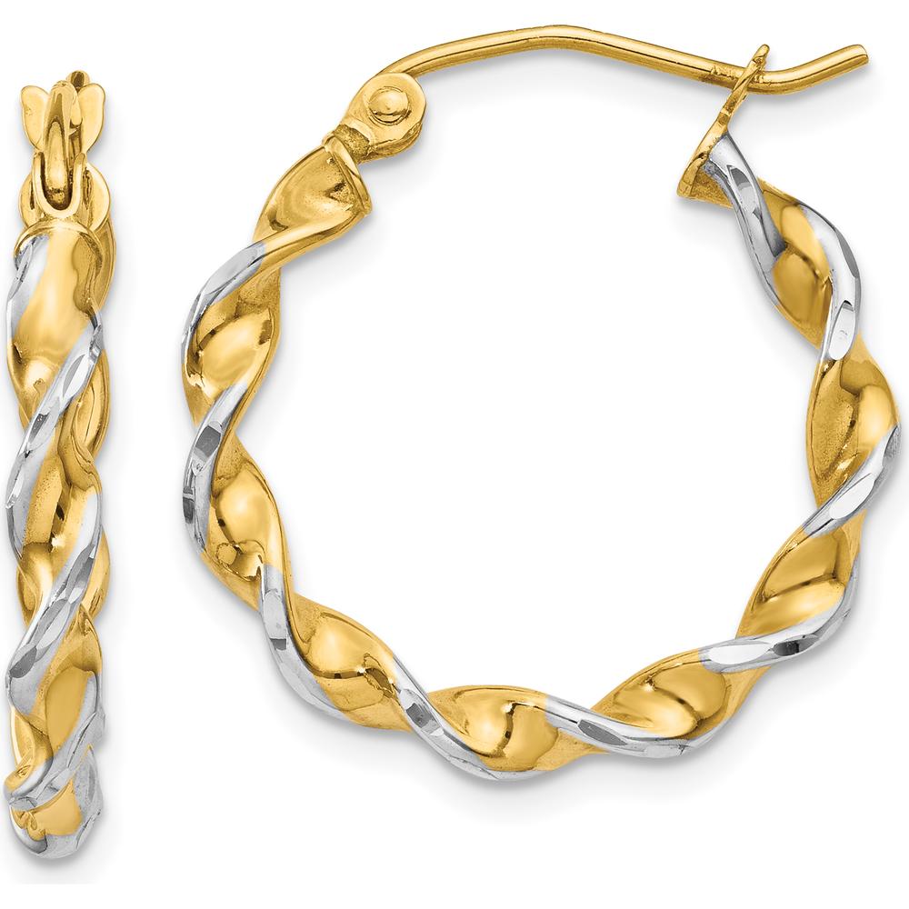 14K Yellow Gold Twisted Hoop Earrings with Rhodium Plating - 16mm Length, 2.75mm Thickness by 0