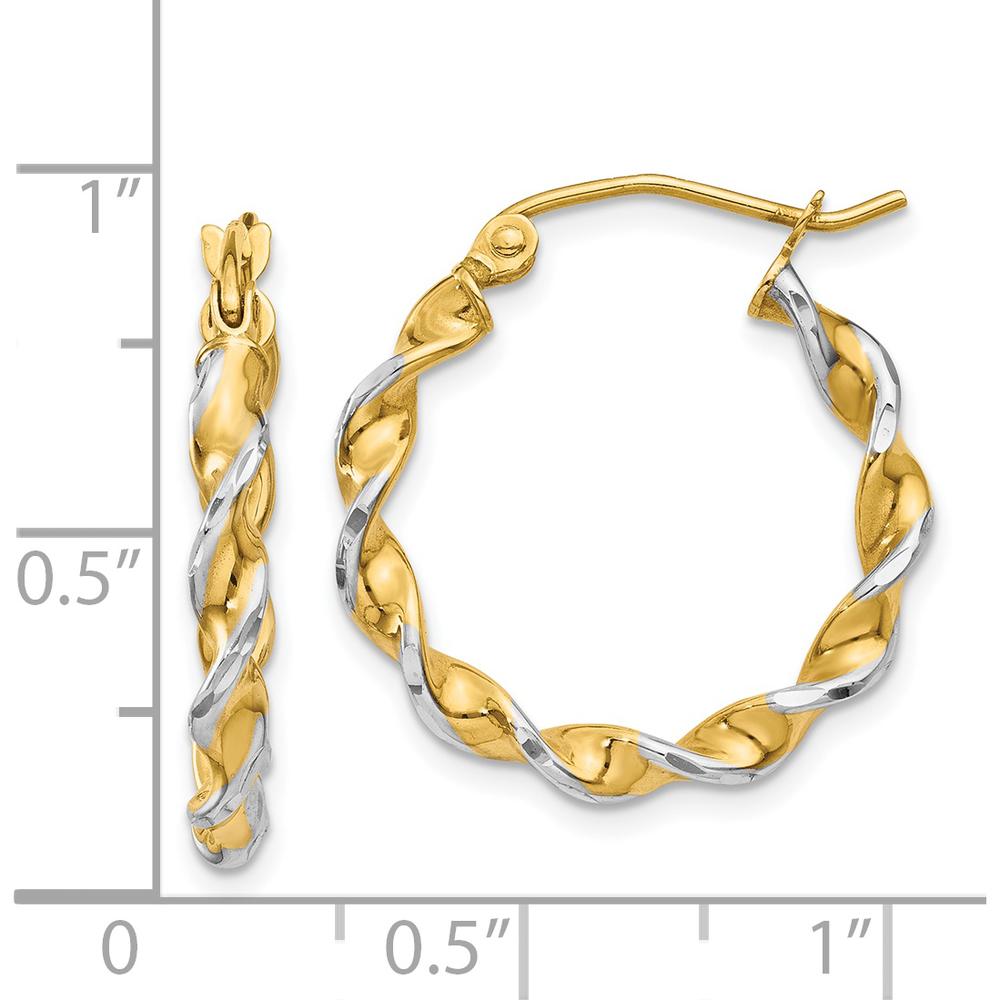 14K Yellow Gold Twisted Hoop Earrings with Rhodium Plating - 16mm Length, 2.75mm Thickness by 0
