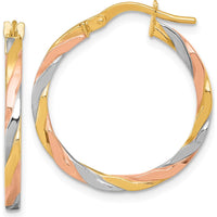 14K Yellow Gold Twisted Hoop Earrings with Rose and White Rhodium Accents - 24mm by 0