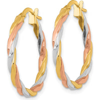 14K Yellow Gold Twisted Hoop Earrings with Rose and White Rhodium Accents - 24mm by 0