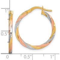 14K Yellow Gold Twisted Hoop Earrings with Rose and White Rhodium Accents - 24mm by 0