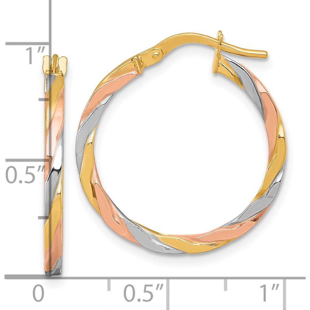 14K Yellow Gold Twisted Hoop Earrings with Rose and White Rhodium Accents - 24mm by 0