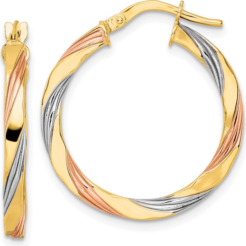 14K Yellow Gold Twisted Hoop Earrings with Rose & White Rhodium Accents - 26.2mm Length by 0
