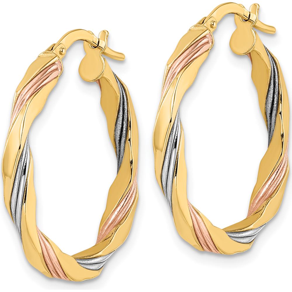 14K Yellow Gold Twisted Hoop Earrings with Rose & White Rhodium Accents - 26.2mm Length by 0