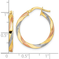 14K Yellow Gold Twisted Hoop Earrings with Rose & White Rhodium Accents - 26.2mm Length by 0