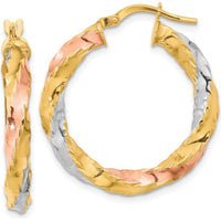 14K Yellow Gold Twisted Hoop Earrings with Rose and White Rhodium Accents - 28.7mm Length by 0