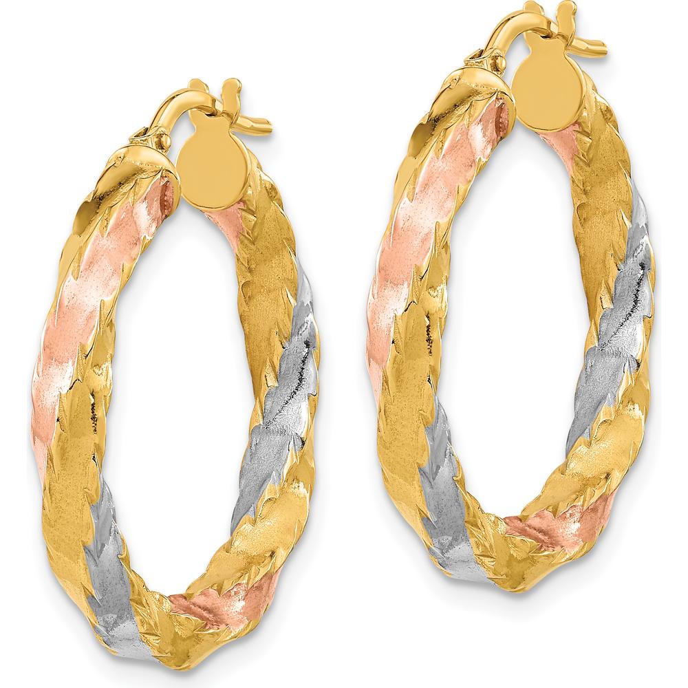 14K Yellow Gold Twisted Hoop Earrings with Rose and White Rhodium Accents - 28.7mm Length by 0