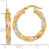 14K Yellow Gold Twisted Hoop Earrings with Rose and White Rhodium Accents - 28.7mm Length by 0