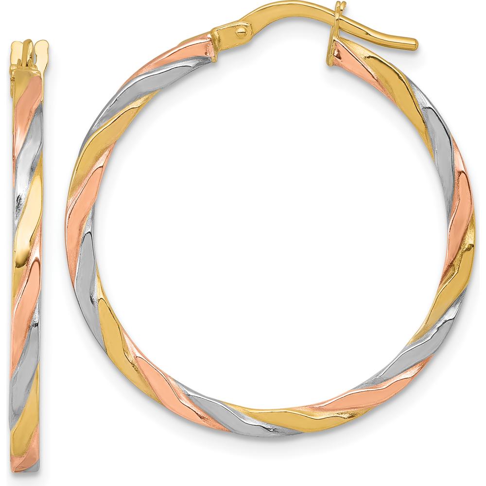 14K Yellow Gold Twisted Hoop Earrings with Rose and White Rhodium Accents - 30mm Length by 0