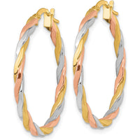 14K Yellow Gold Twisted Hoop Earrings with Rose and White Rhodium Accents - 30mm Length by 0