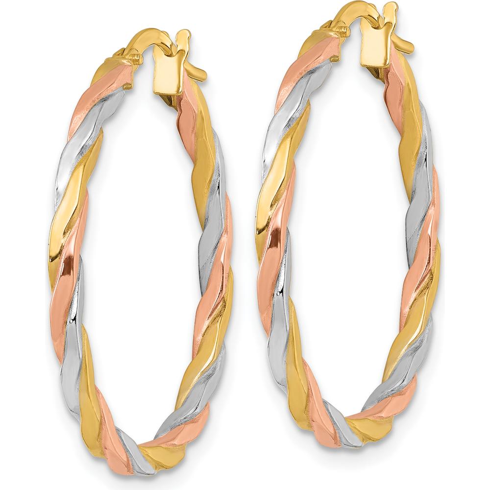 14K Yellow Gold Twisted Hoop Earrings with Rose and White Rhodium Accents - 30mm Length by 0