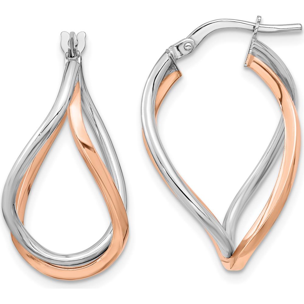 14K Yellow Gold Twisted Hoop Earrings with Rose Gold Plating and Rhodium Finish - 29mm Length by 0
